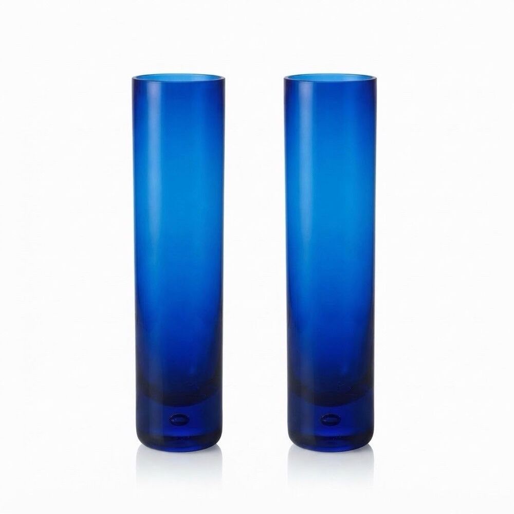 Set of 2 Tall Cobalt Blue Vases Skinny Cylinder Glass Flower Vases 8"